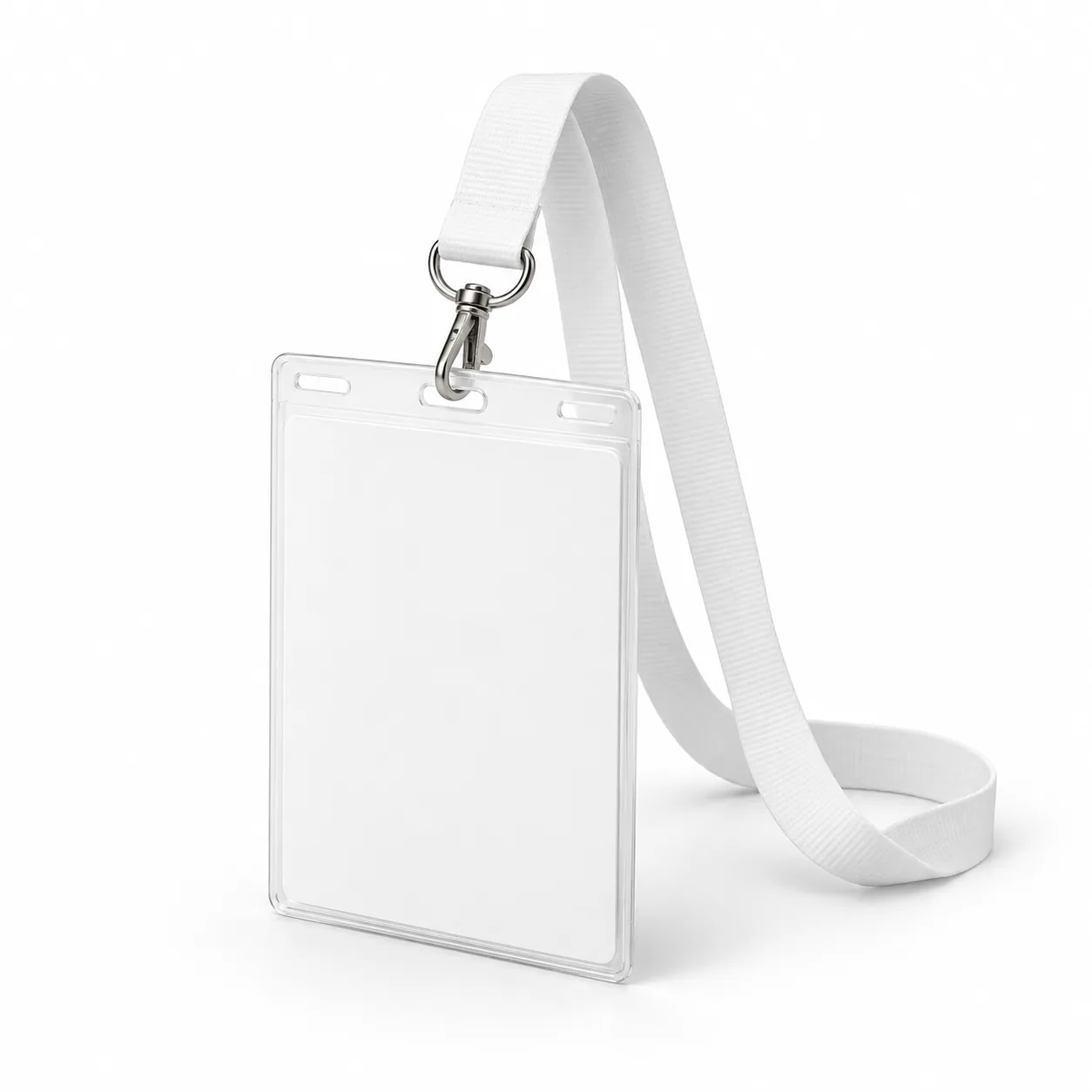 White event badge with lanyard